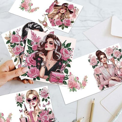 antor 6 Pack 5D Diamond Painting Greeting Cards, Elegant Woman with Floral Design DIY Diamond Art Cards with Envelopes, Handmade Rhinestone Birthday Wedding Thank You Cards for Adults - Image 7