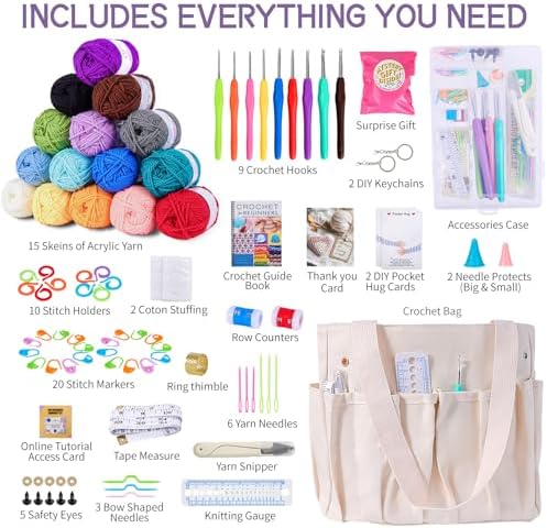 JC CRAFT Beginner Crochet Kit – 81 Piece Starter Set with 15 Colorful Yarns, Ergonomic Hooks, Complete Supplies, White Tote Bag, Accessories Case, Guide Book & Online Video Lessons - Image 2