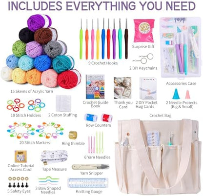 JC CRAFT Beginner Crochet Kit – 81 Piece Starter Set with 15 Colorful Yarns, Ergonomic Hooks, Complete Supplies, White Tote Bag, Accessories Case, Guide Book & Online Video Lessons - Image 2
