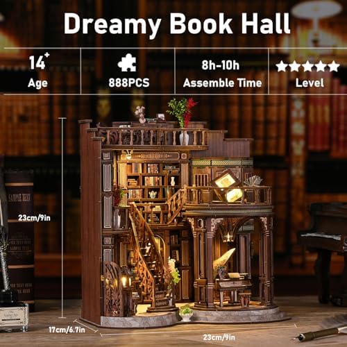 Book Nook Kit - DIY Miniature Dolls House Kit with Furniture and LED Light, 3D Puzzle Wooden Art Bookends, Model Kits for Adults and Teens (Dream Fantasy Bookstore) - Image 4