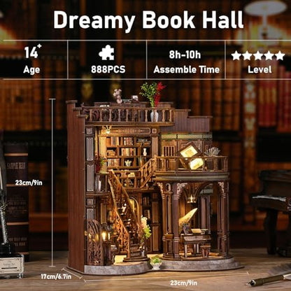 DIY Miniature House Kit, Book Nook Kit, 3D Wooden Puzzles Bookshelf Craft Kits, Dollhouse Kit with LED Light, Mini Building Kit for Adults Teen to Build (Dreamy Book Hall) - Image 2
