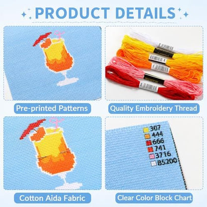 ZOIIWA 6PCS Goblet Embroidery Kit for Beginners Adults Summer Cross Sewing Kits DIY Starter Hand Embroidery Kit with Needlepoint Patterns Hoop Threads Needles Instructions Craft Gift for Home Decor - Image 3