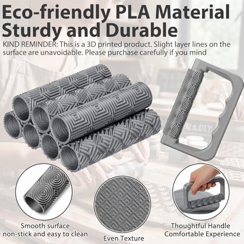 Leriton 9 Pcs Clay Texture Roller Set with Handle, Geometric - Image 4