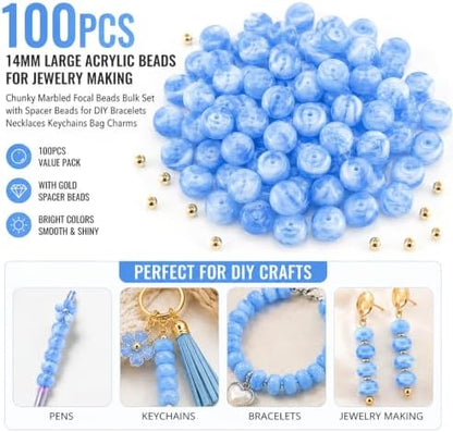 100Pcs 14mm Large Acrylic Beads for Jewelry Making, Chunky Marbled Round Focal Beads Bulk Set with Spacer Beads for DIY Bracelets Necklaces Keychains Bag Charms (Light Blue) - Image 5