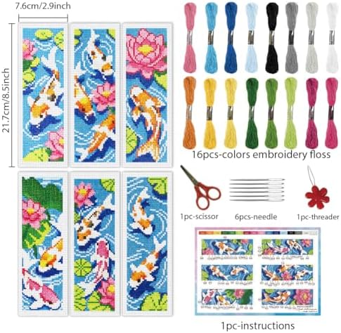 INFUNLY 6 Set Koi Fish DIY Cross Stitch Bookmark Kits for Adults Lotus Pond Counted Cross Stitch Kit with Instructions Koi Fishes Stamped Embroidery Bookmark Kit for Book Lovers Readers Gift - Image 2