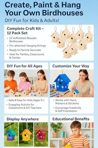 12 Pack DIY Bird House Kits for Kids to Paint, Unfinished Wooden Birdhouse - Image 3