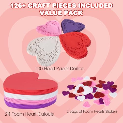 ArtCreativity 126+ Pcs Valentine's Day Heart Doilies Card Crafts for Kids - Valentine Day Crafts for Classroom Parties - Valentines Craft Supplies Kits with Heart Doilies and Glitter Foam Stickers - Image 2