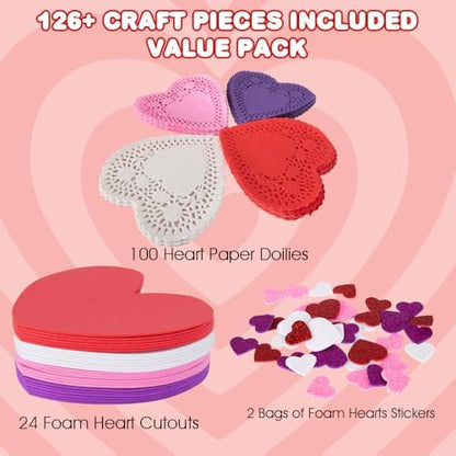 ArtCreativity 126+ Pcs Valentine's Day Heart Doilies Card Crafts for Kids - Valentine Day Crafts for Classroom Parties - Valentines Craft Supplies Kits with Heart Doilies and Glitter Foam Stickers - Image 2