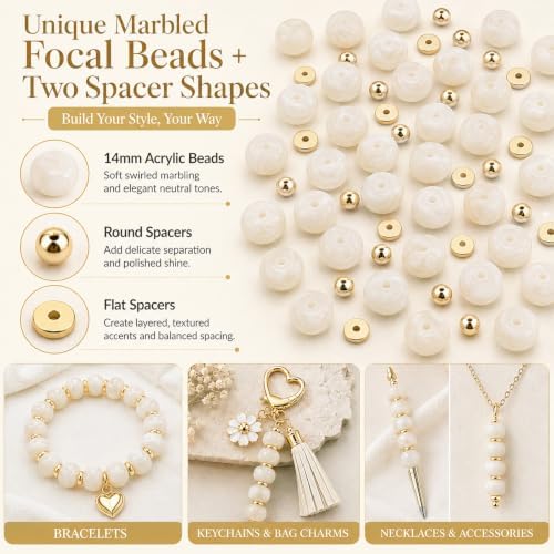100Pcs 14mm Large Acrylic Beads for Jewelry Making, Chunky Marbled Round Focal Beads Bulk Set with Spacer Beads for DIY Bracelets Necklaces Keychains Bag Charms (White) - Image 3