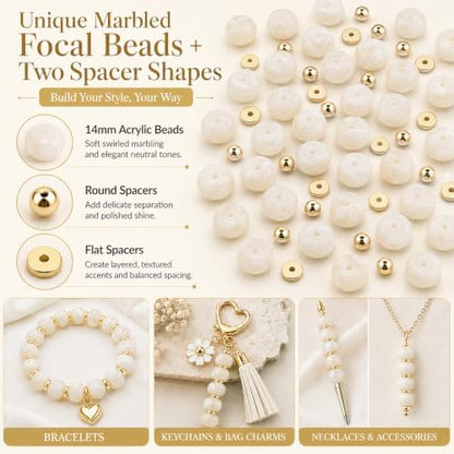 100Pcs 14mm Large Acrylic Beads for Jewelry Making, Chunky Marbled Round Focal Beads Bulk Set with Spacer Beads for DIY Bracelets Necklaces Keychains Bag Charms (White) - Image 3