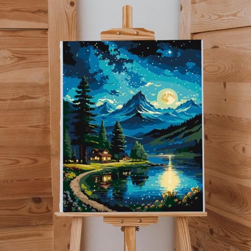 Lovepefe Mountain Paint By Numbers Kit for Adults Lakeside Cabin Adult Paint By Number Kits On Canvas Moon Night Oil Painting Kit for Beginners Adults Kits for Gift Home Wall Decor 16x20 Inch - Image 3