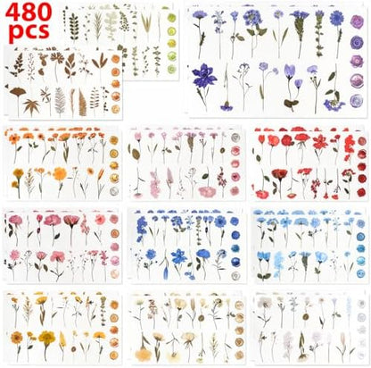 NESSCCI Pressed Flower Themed Stickers (Assorted 480 Pieces,24 Sheets) Scrapbook Supplies,Stickers for Journaling, Dried Floral Resin,Scrapbook Sticker,Junk Journal Sticker by NESCCI