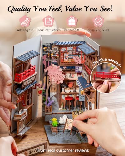 Rolife 3-4 hrs Beginner Friendly Book Nook, Sakura Wine Alley with Infinity Mirror Depth, 3D Wooden Puzzle Bookshelf Insert, LED Miniature Dollhouse Kit, Japanese Decor Gift for Adults - Image 5