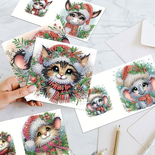 jinglinhh 6pcs Christmas Mouse Cat Donkey Koala Duck Diamond Art Painting Greeting Cards with Envelopes, DIY Card Making Kits for Adults, Diamond Art Postcards Christmas Cards Craft Gifts - Image 6