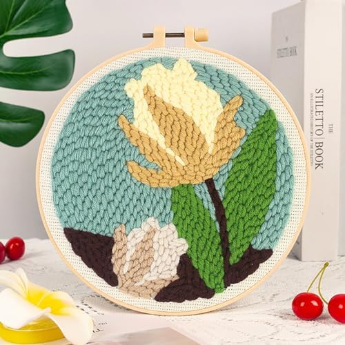 Woohome Punch Needle Kit Included Plastic Hoops, Punch Needle Cloth, Color Yarn and Punch Needle Tools for Adults, Beginners (Red, Pink and Yellow Flowers) - Image 2
