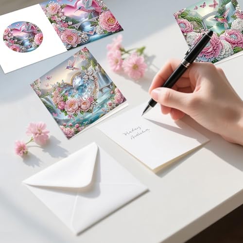 6 Pack Diamond Art Greeting Cards with Envelopes, Flowers and Hummingbirds DIY 5D Diamond Painting Card Kit, Handmade Rhinestone Postcards for Birthday & Valentine’s Day Wishes (30x15cm) - Image 4