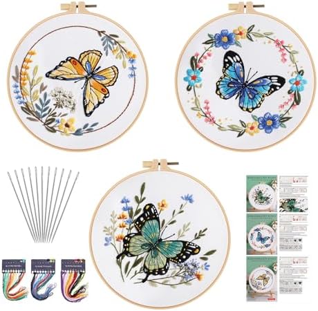GLTAYLMY 3 Sets Butterfly Embroidery Starter Kit for Beginners Flower Stamped Cross Stitch Kits with Instructions for Beginners Adults Include Embroidery Hoop Threads and Needles by GLTAYLMYFortuneSmilesonJoyfulTradingwithEveryone