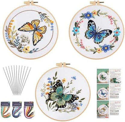 GLTAYLMY 3 Sets Butterfly Embroidery Starter Kit for Beginners Flower Stamped Cross Stitch Kits with Instructions for Beginners Adults Include Embroidery Hoop Threads and Needles by GLTAYLMYFortuneSmilesonJoyfulTradingwithEveryone