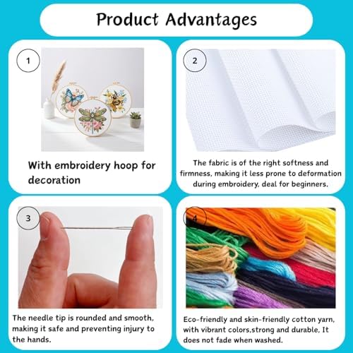 3 Pack Cross Stitch Kits for Beginners-Insects and Flowers,with Hoop 8x8in - Image 3