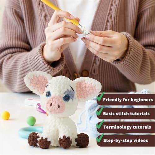 Linhao Jew Crochet Kit for Beginners – Knitting Kits Cute Animal Kitten Keychain with Pre-Started Easy Yarn, Step-by-Step Video Tutorials for Adults DIY Crafts (Pig) - Image 2