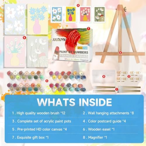 JULOUYN 4 Pack Flowers Paint by Numbers Kit for Adults with Framed 8x12in - Image 6
