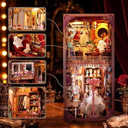 fifijoy DIY Book Nook Kit - Theatre Dressing Room DIY Miniature Dollhouse Booknook Kit for Adults, 3D Wooden Puzzle Bookend Bookshelf Insert Decor, Gift for Family, Friends (with White Light) - Image 2