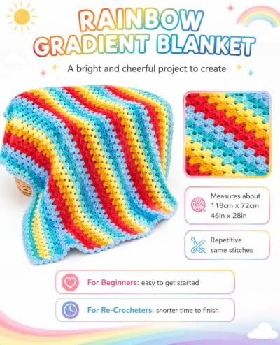 Aeelike Blanket Crochet Kit for Beginners,Rainbow Gradient Blanket - Image 4