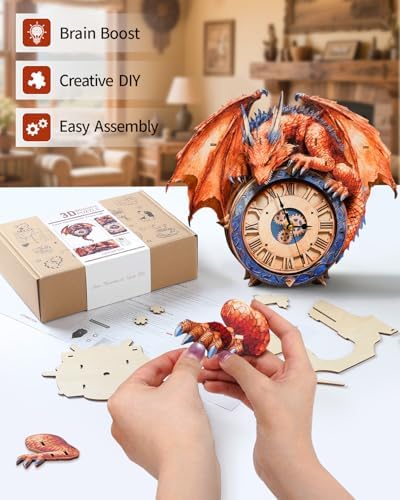 3D Puzzles for Adults-Wooden Firy Dragon Clock Puzzle DIY Clock Model Kit - Image 4