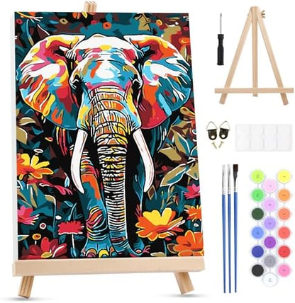 MXJSUA Colorful Floral Elephant Paint by Numbers Kit with Frame for Adults, Animal Easy Beginners Paint by Number on Canvas with Easel, Acrylic Number Painting Craft Gifts for Home Decor, 8x12 inch by MXJSUA-DiamondPaintingkits
