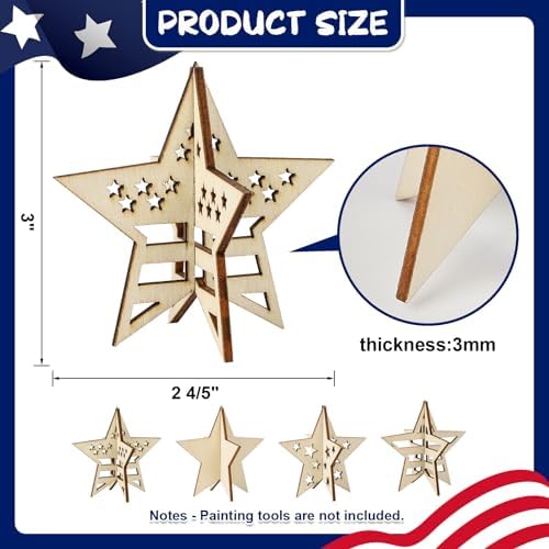 COCHIE DIY 3D 4th of July Stars Wood Crafts to Paint, Paintable Unfinished Wooden Slices for Craft, Memorial Day Veterans Day Star Cutouts Ornaments for Painting Decorations (24 PCS) - Image 2