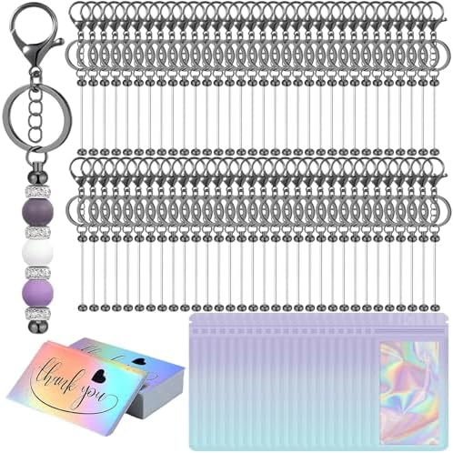 42/84/126 Pcs Beadable Keychain Bars Bulk Blank DIY Beaded Keychain Making Supplies with Bag Thank You Card by Unknown