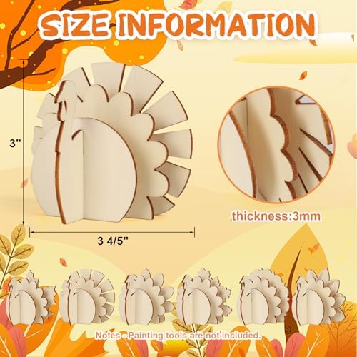 COCHIE DIY 3D Turkey Thanksgiving Wood Crafts to Paint, Paintable Unfinished Wooden Slices for Craft, Fall Cutouts Ornaments for Painting Decorations 24 PCS Formed Into 6 Turkeys - Image 2