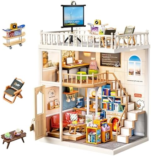 2-Story Loft Book Cafe & Study Room Kit, DIY Miniature House for Adults with Reading Area Coffee Bar Study Desk Projector Balcony, Collectible Plastic Library Model, Home Decor Gift for Women by Unknown