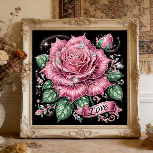 jinglinhh Pink Rose Flowers Special Shaped DIY Diamond Art Painting Kit for Adults Beginners, Partial Drill Crystal Rhinestone Gem Art Craft Home Wall Decor 30x30cm - Image 6