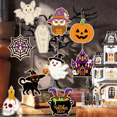 80PCS Wooden Halloween Ornaments to Paint Fall Decorations Crafts for Kids, 10 Styles DIY Blank Autumn Unfinished Skull Pumpkin Ghost Bat Boo Witch Feet Spiderweb Halloween Cutouts for Party Hanging - Image 7