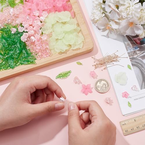 NBEADS 417 Pcs Acrylic Assorted Beads Kit, Frosted Flower Beads Caps Maple Leaf Acrylic Pendants Leaf Loose Beads Earring Making Kit with Faceted Glass Beads Brass Ball Pins for Jewelry Making - Image 3
