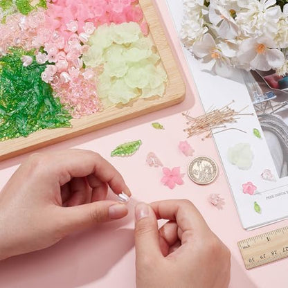 NBEADS 417 Pcs Acrylic Assorted Beads Kit, Frosted Flower Beads Caps Maple Leaf Acrylic Pendants Leaf Loose Beads Earring Making Kit with Faceted Glass Beads Brass Ball Pins for Jewelry Making - Image 3