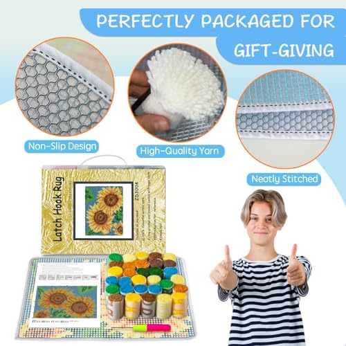 ZFFLYH Latch Hook Rug Kits DIY Needlework Unfinished Crocheting Rug Yarn Cushion Mat for Kids/Adults with Printed Canvas Pattern, 52X38cm Sunflower - Image 3