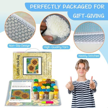 ZFFLYH Latch Hook Rug Kits DIY Needlework Unfinished Crocheting Rug Yarn Cushion Mat for Kids/Adults with Printed Canvas Pattern, 52X38cm Sunflower - Image 3