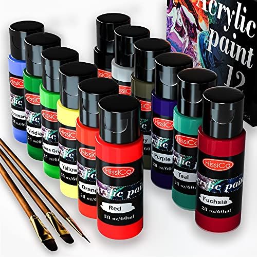 Acrylic Paint Set of 12 Colors 2fl oz 60ml Bottles,Non Toxic 12 Colors Acrylic Paint No Fading Rich Pigment for Kids Adults Artists Canvas Crafts Wood Painting by HissiCo