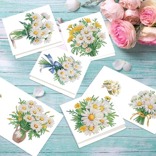 MVVMTOP 6pcs Diamond Art Painting Greeting Card, Bouquet DIY Daisy Diamond Art Greeting Card for Blessing and Wishe Special Shaped Diamond Arts Crafts for Birthday Thanksgiving Day - Image 5