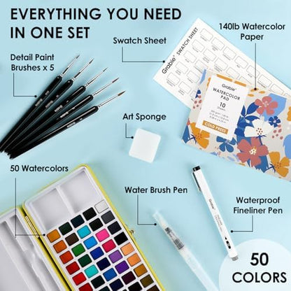 Grabie Set of 50 Color Watercolor Paint Set with Brush Pens - Image 2