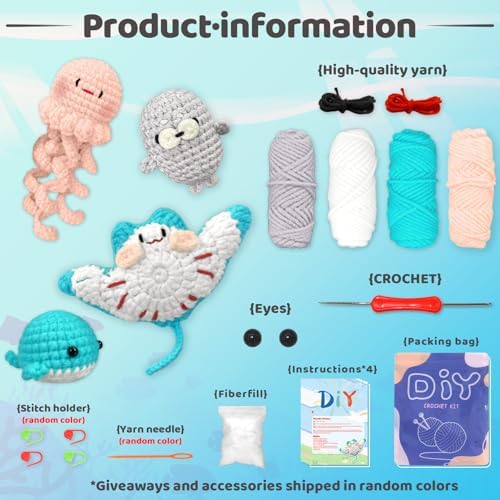 YAMAXIN Crochet Kit for Beginners – Ocean Animal Amigurumi DIY Yarn Kit with Step-by-Step Instructions, Tools & Soft Yarn – 4 Pack Crochet Kit Gift for Adults - Image 3