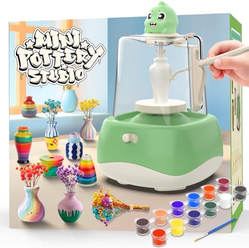 Mini Pottery Wheel for Kids - Fingertip Pottery Painting Craft Kit with 2.3in Turntable, Clay and Flowers, Mess Free Arts & Crafts Toys Birthday Christmas Gift for Girls Boys 6 7 8 9 10 11 12+, Green by WwzzeyToy