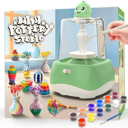 Mini Pottery Wheel for Kids - Fingertip Pottery Painting Craft Kit with 2.3in Turntable, Clay and Flowers, Mess Free Arts & Crafts Toys Birthday Christmas Gift for Girls Boys 6 7 8 9 10 11 12+, Green by WwzzeyToy
