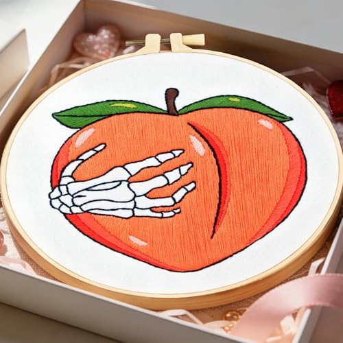 Hand Bone Embroidery Kits for Beginners Adults, Peach Embroidery Starters Kits, Halloween Stamped Cross Stitch Kits DIY Needlepoint Kits for Beginners Adult, Embroidery Hoop, Thread and Video Tutorial - Image 2