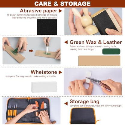 30-in-1 Deluxe Woodworking Tools Set with Leather Case, Wood Carving Kit for Beginners Adults Kids, Includes Basswood Blocks, DIY Craft Gift - Image 6
