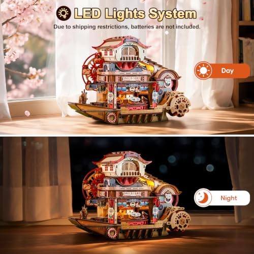 DIY Miniature House Kit, Japanese Dollhouse 3D Wooden Puzzles for Adults with Music & LED Lights, 425PCS Sushi Boat Mechanical Moving Model, Home Decor Building Craft Birthday - Image 4