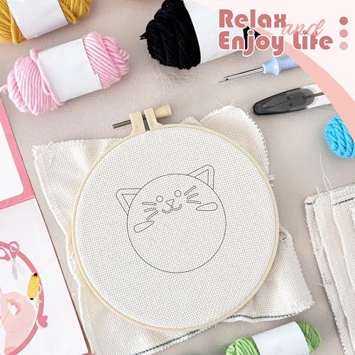 Punch Needle Kit for Beginners Adults Easy Needle Punch Embroidery Tool Set Including Threader Instruction Fabric Hoop Yarn Coaster DIY Making Kit Supplies,Set of 8 Cat Cute Pet Art Crafts Gifts - Image 5