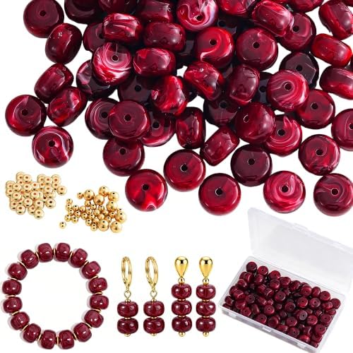100Pcs 14mm Large Acrylic Beads for Jewelry Making, Chunky Marbled Round Focal Beads Bulk Set with Spacer Beads for DIY Bracelets Necklaces Keychains Bag Charms (Dark Red) by YUJIEJewelry